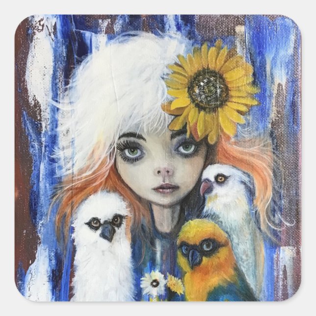 Oiseaux avec des autocollants de carré fille migno (Devant)