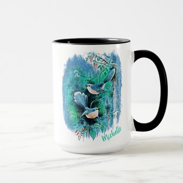 Oiseaux Bleus D'Hiver Peinture Avec Nom Mug (Droite)