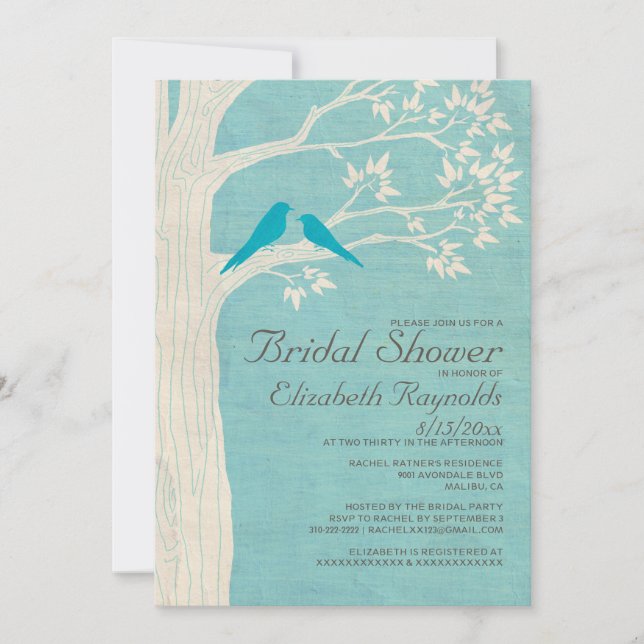 Oiseaux bleus élégants Invitations de douche nupti (Devant)