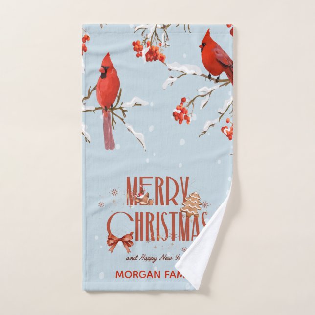 Oiseaux cardinaux rouges Arbres Joyeux Noël bleu (Serviette à main)