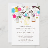 Oiseaux colorés et fleurs Invitations de mariage