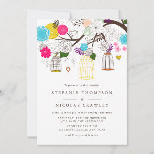 Oiseaux colorés et fleurs Invitations de mariage