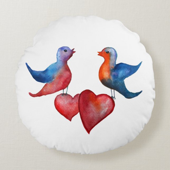 Oiseaux de l'amour, Coussin rond de jet en art aqu (Devant)