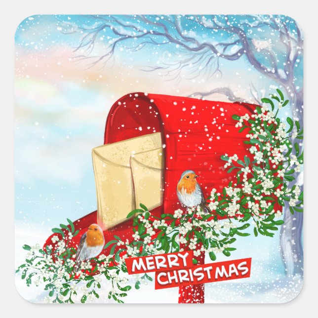 Oiseaux de Noël de neige Boîte rouge Carré Sticker (Devant)