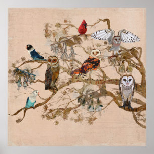 OISEAUX D'UNE BRANCHE DE PÂTES Poster