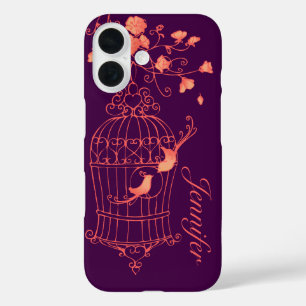 Oiseaux et cage orange & violet nom coque iphone