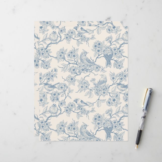 Oiseaux et fleurs de cerisier en bleu et blanc cas (Devant/Arrière en situation)