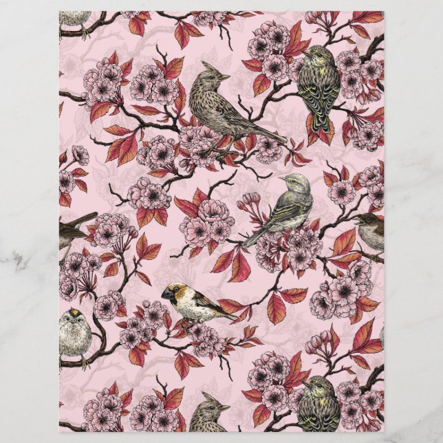 Oiseaux et fleurs de cerisier sur fond rose (Devant)