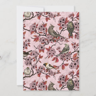 Oiseaux et fleurs de cerisier sur fond rose saumon