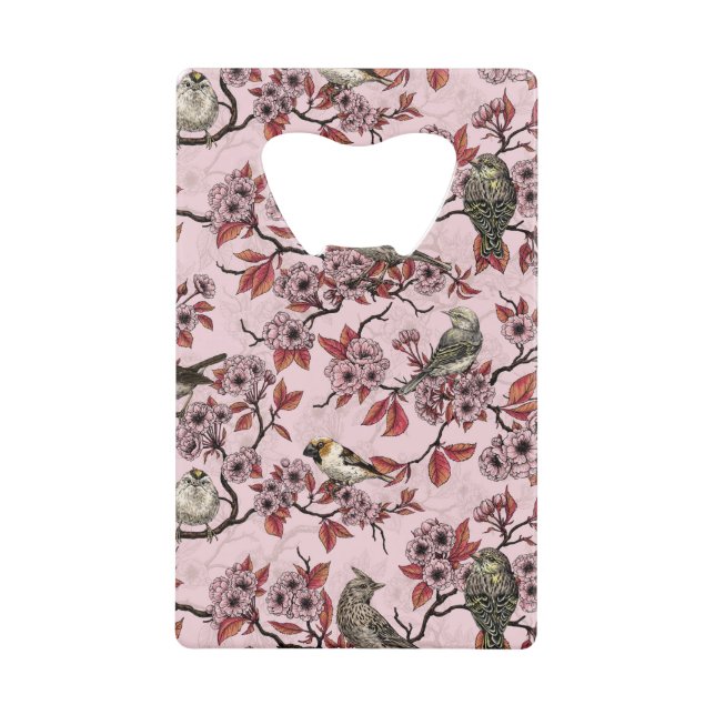 Oiseaux et fleurs de cerisier sur fond rose saumon (Devant)