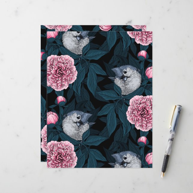 Oiseaux et fleurs de pivoine roses avec feuilles (Devant/Arrière en situation)