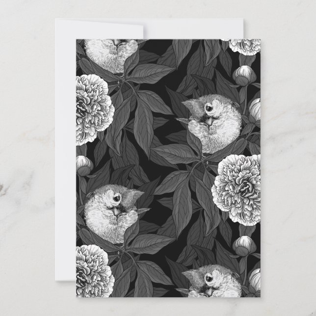 Oiseaux et fleurs de pivoines monochromes, gris (Devant)