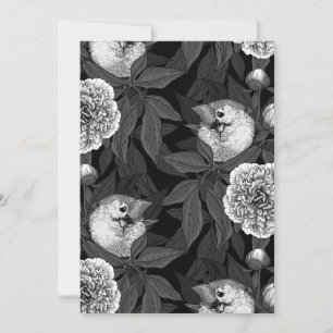 Oiseaux et fleurs de pivoines monochromes, gris