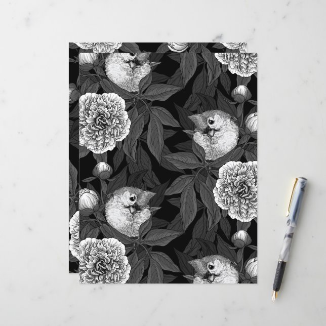 Oiseaux et fleurs de pivoines monochromes, gris (Devant/Arrière en situation)
