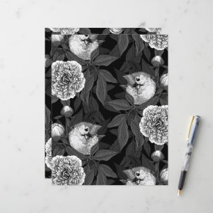 Oiseaux et fleurs de pivoines monochromes, gris