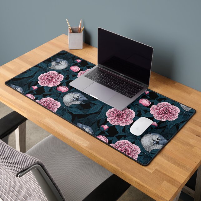 Oiseaux et fleurs de pivoines roses avec feuille (Bureau 2)