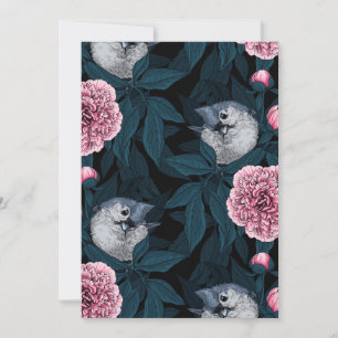 Oiseaux et fleurs de pivoines roses avec feuille