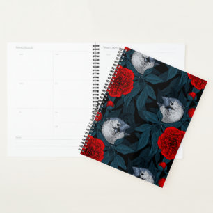 Oiseaux et fleurs de pivoines rouges avec feuilles