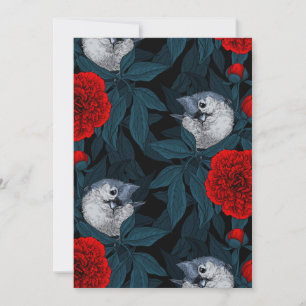 Oiseaux et fleurs de pivoines rouges avec feuilles