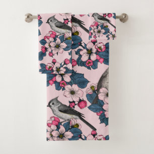 Oiseaux et fleurs roses