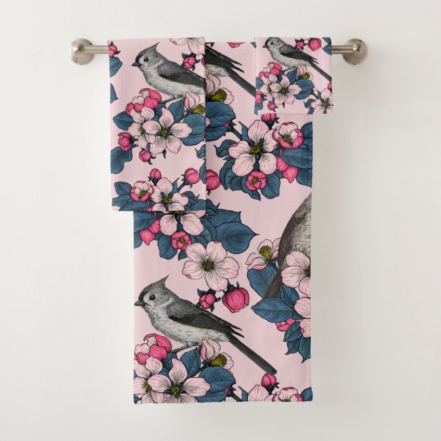 Oiseaux et fleurs roses (En situation)