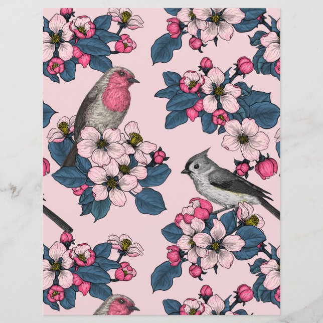 Oiseaux et fleurs roses (Devant)