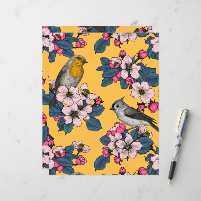 Oiseaux et fleurs sur le jaune (Devant/Arrière en situation)