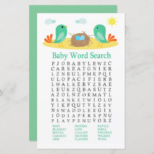 Oiseaux et nid Baby shower Word Recherche Jeu