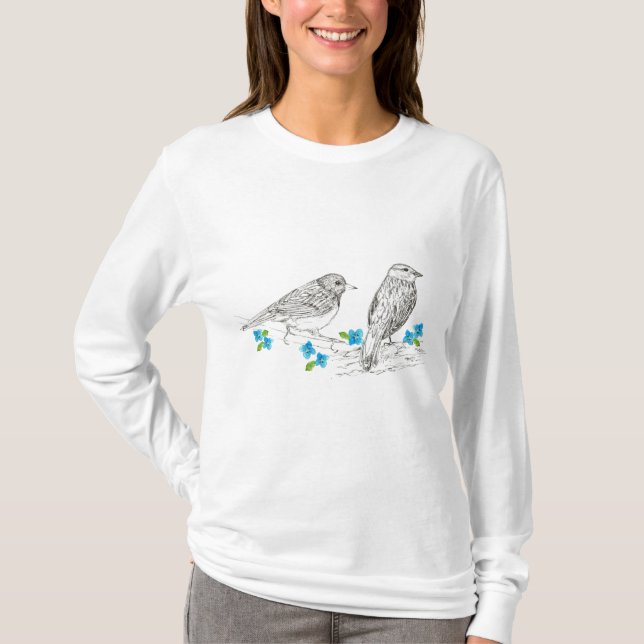Oiseaux Fleurs Bleues Nature Dessin T-shirt (Devant)