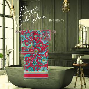 Oiseaux, Florales, Blues, Rouge, Serviette de chau