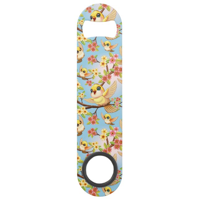 Oiseaux mignons et heureux parmi les fleurs du pri (Devant)