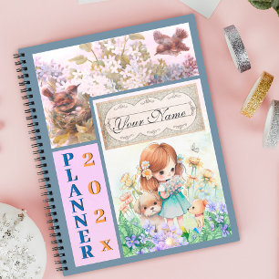 Oiseaux mignons, fleurs, petite fille & chiots