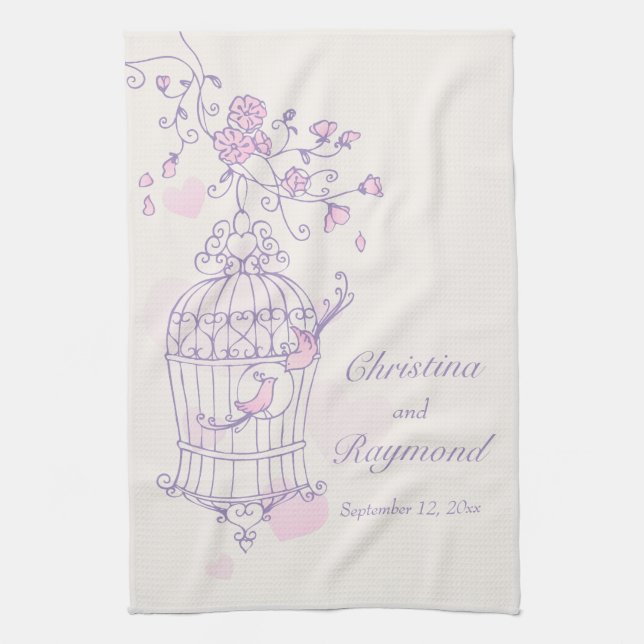 Oiseaux rose violet mariage garde serviette de cui (Vertical)