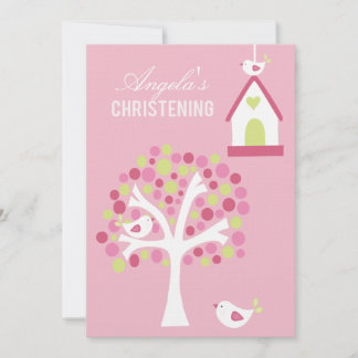Oiseaux roses et arbre Baptême Baptême Invitation 