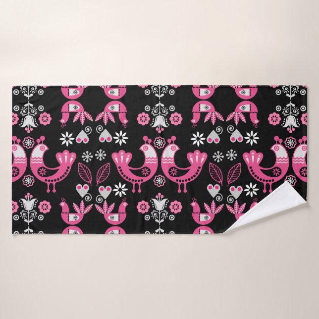 Oiseaux roses et blancs du folklore scandinave (Serviette de bain)