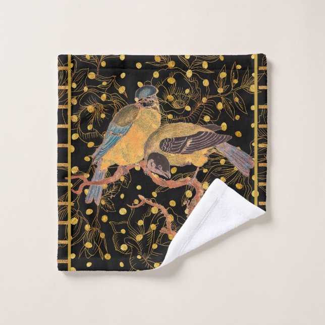Oiseaux sur Black et Gold Elegant (Gant de toilette)