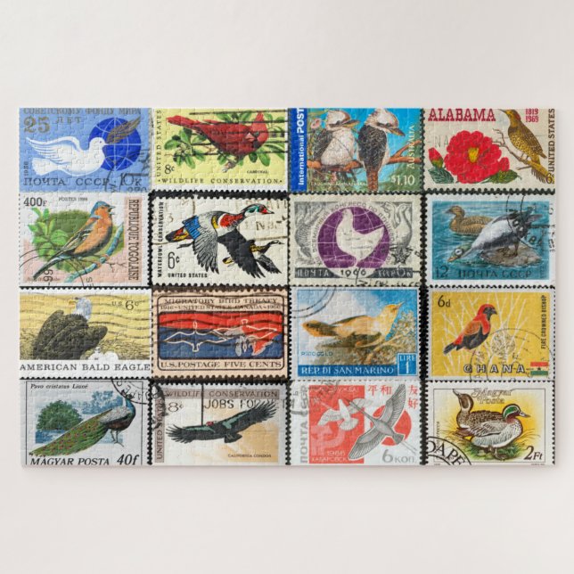 Oiseaux Timbres Postage Collage Jigsaw Puzzle (Horizontal)