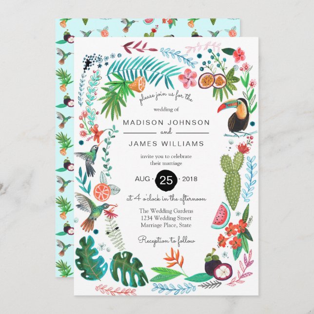 Oiseaux tropicaux d'été | Invitations de mariage (Devant / Derrière)