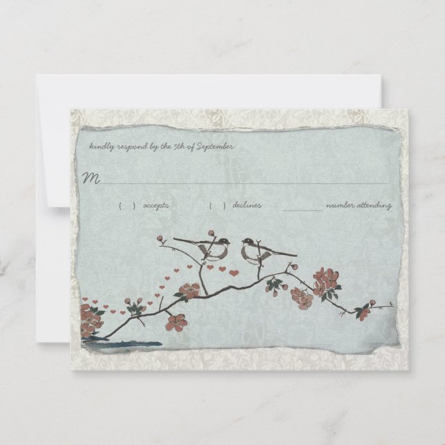 Oiseaux vintage Damask RSVP de mariage (Devant)