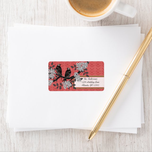 Oiseaux Vintages rouges et verts Étiquettes de Noë (En situation)