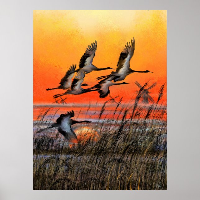 Oiseaux Volant Sunset Poster Imprimer - Peinture A (Devant)