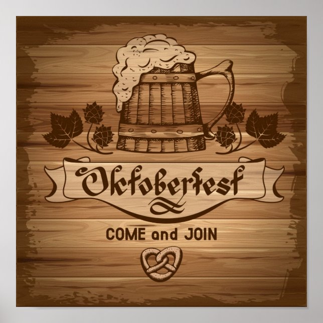 Oktoberfest, affiche vintage avec bois (Devant)