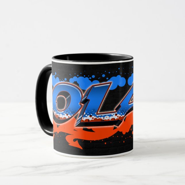 Olaf prénom nom graffiti bleu orange tasse (Devant gauche)