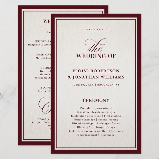 Old Money Modern Formal Burgundy Wedding Program (Devant / Derrière)