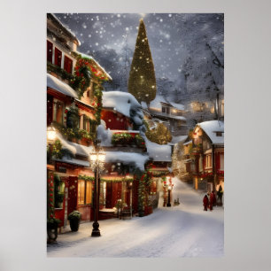 Old village in winter snow Christmas  Poster