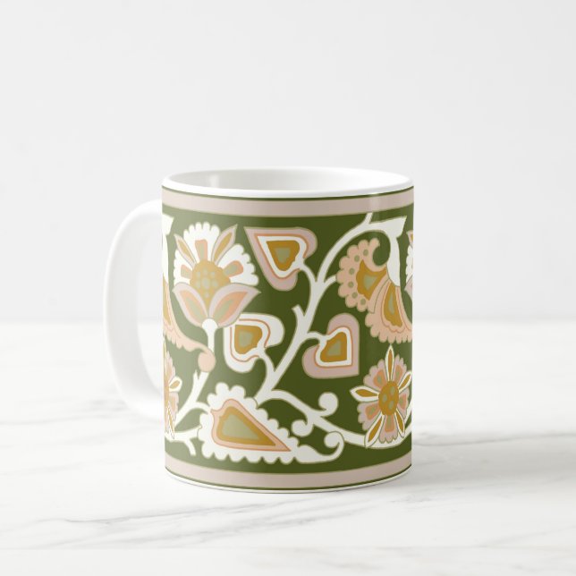 Olive and Peach Art nouveau Floral Coffee Mug (Devant gauche)