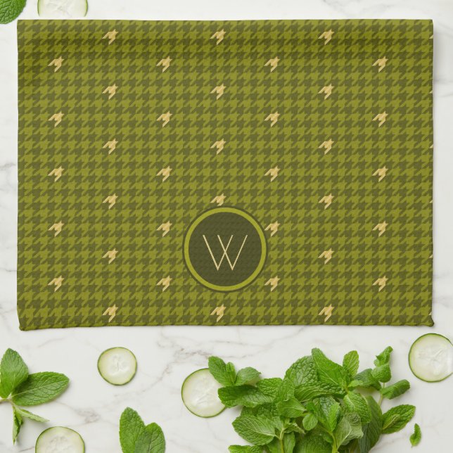 Olive avec or Accent Houndstooth Serviette de cuis (Plié)