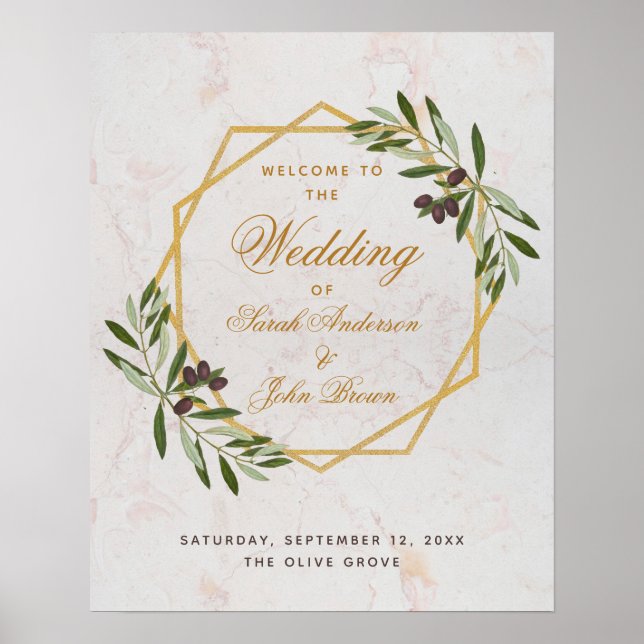 Olive Branch Green Gold Mariage Affiche de bienven (Devant)