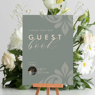 Olive Earthy Elegant Damask Photo Livre d'or Signe