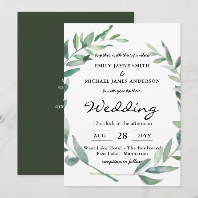 Olive Feuilles Mariage Invitations Verdure Moderne (Devant / Derrière)